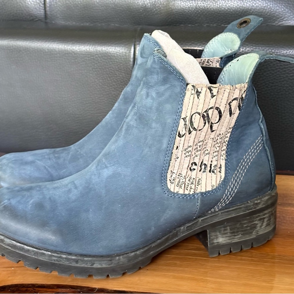 Bueno distressed Navy Ankle Boots with Textured newsprint Panels